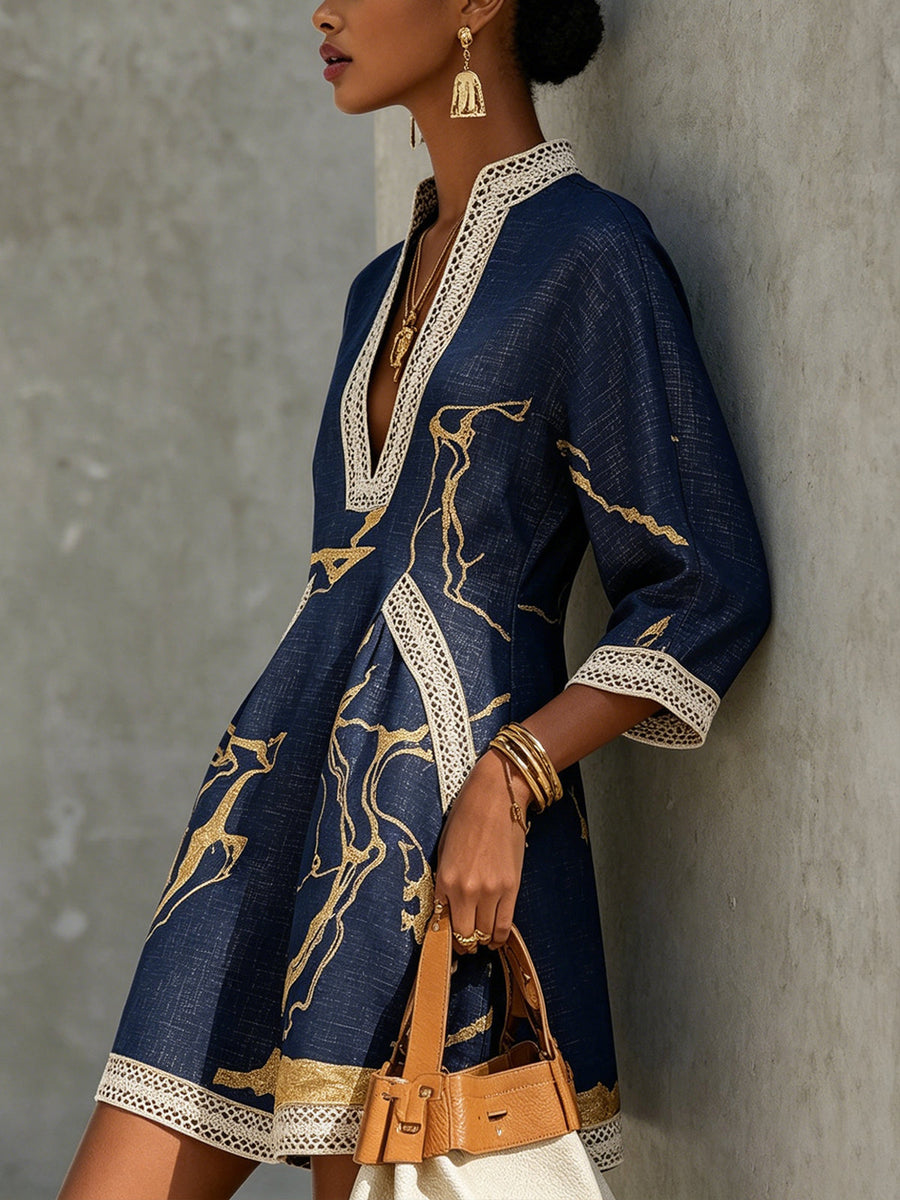 Astrée | Mini Dress with V-Neck, Navy Gold Print