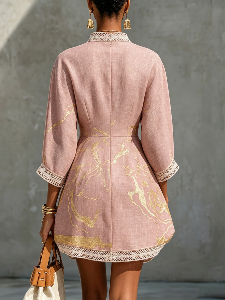 Aurore | Mini Dress with V-Neck, Rose Gold Print