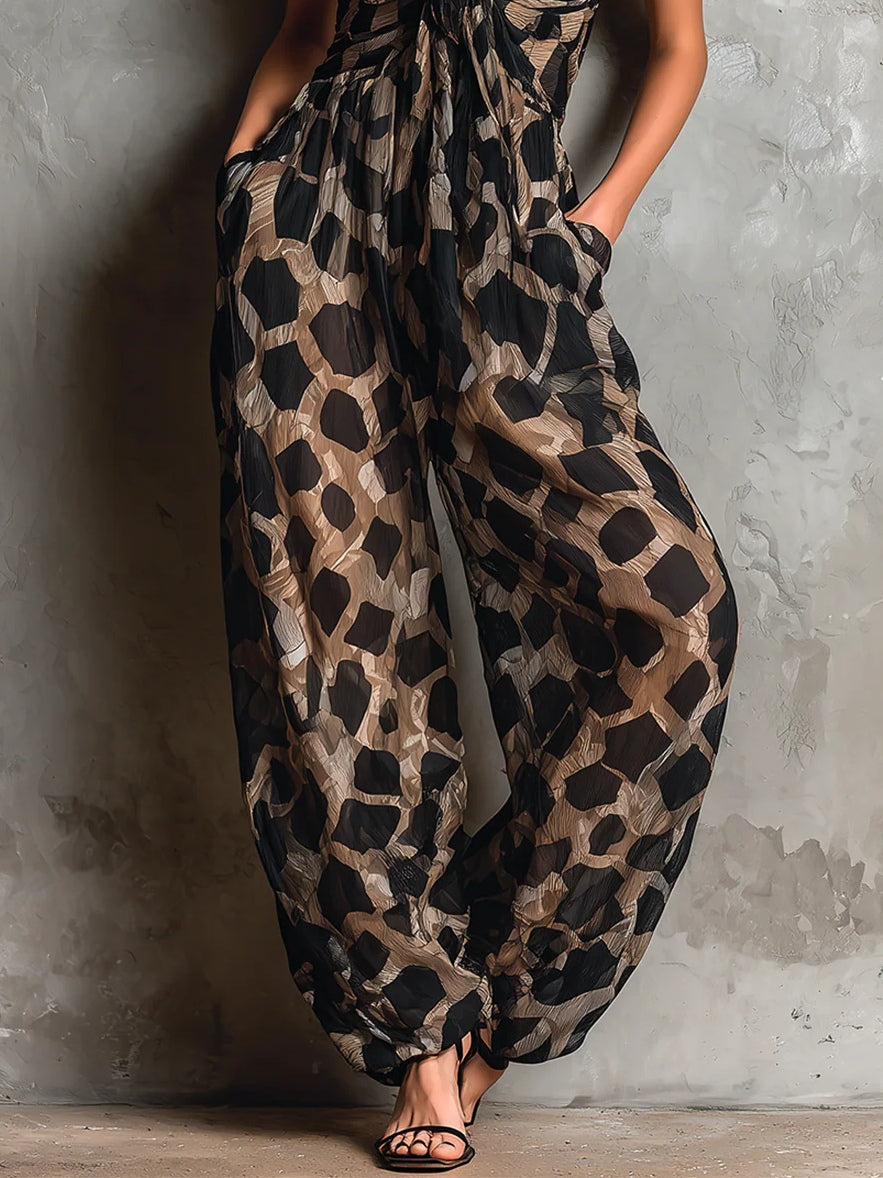 Black Animal Print Halter-neck Loose-fitting Wide-leg Jumpsuit