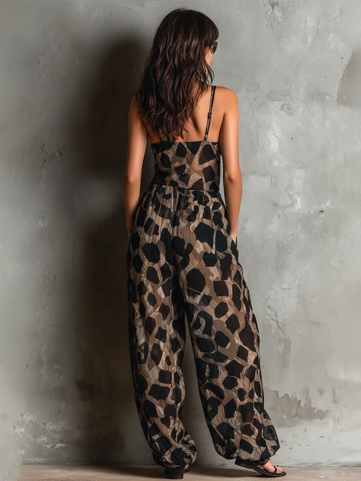 Black Animal Print Halter-neck Loose-fitting Wide-leg Jumpsuit