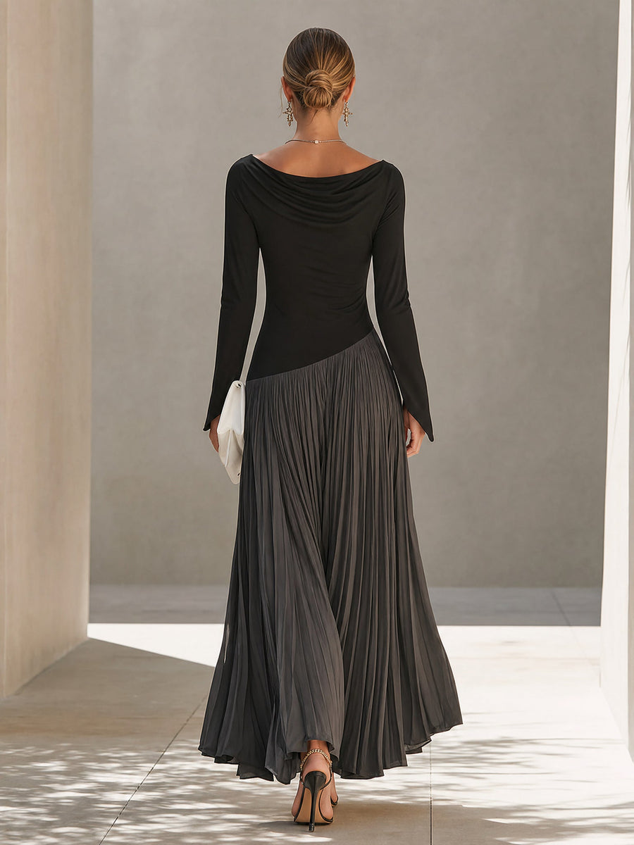 Black And Grey Two-tone Patchwork Draped Neckline Pleated Maxi Dress