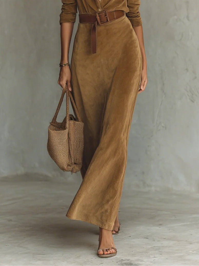 Juline | Suede Look Maxi Dress with Lapel