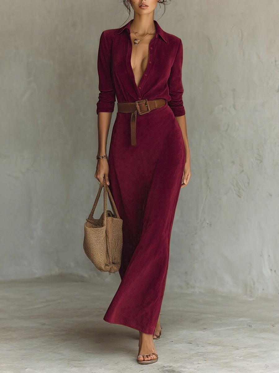 Juline | Suede Look Maxi Dress with Lapel