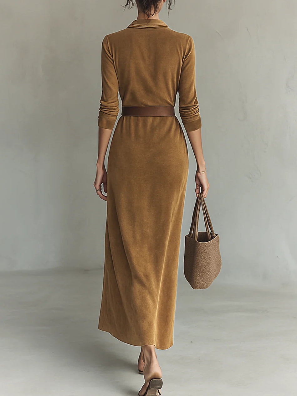 Juline | Suede Look Maxi Dress with Lapel