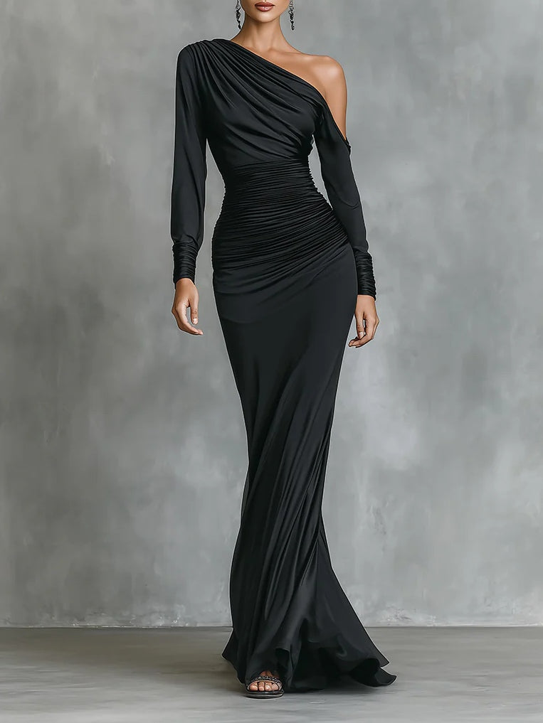 Célina | Satin One-Shoulder Maxi Dress in Black