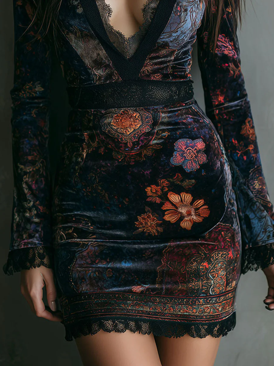 Iris | Mini Bodycon Dress in Velvet, Lace and Floral Print