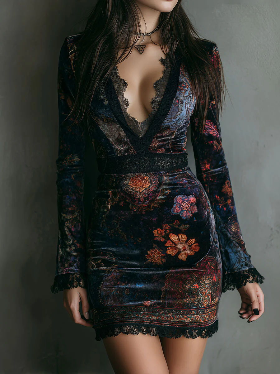 Iris | Mini Bodycon Dress in Velvet, Lace and Floral Print