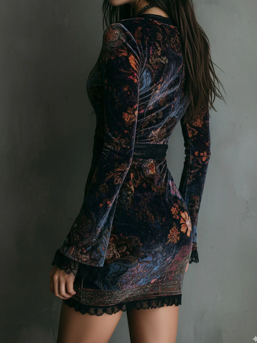 Iris | Mini Bodycon Dress in Velvet, Lace and Floral Print