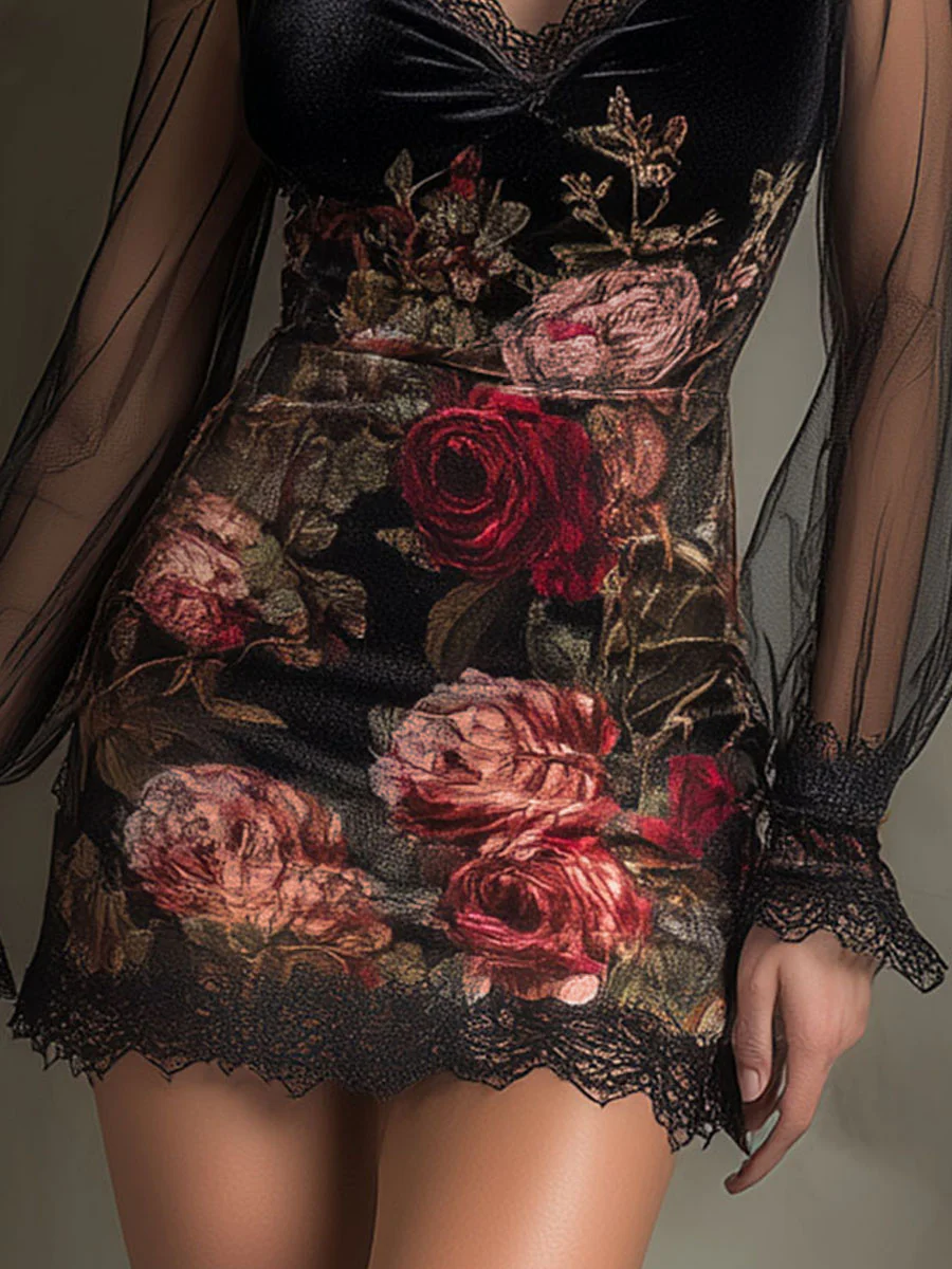 Eglantine | Mini Tulle Dress, Rose Print and Lace