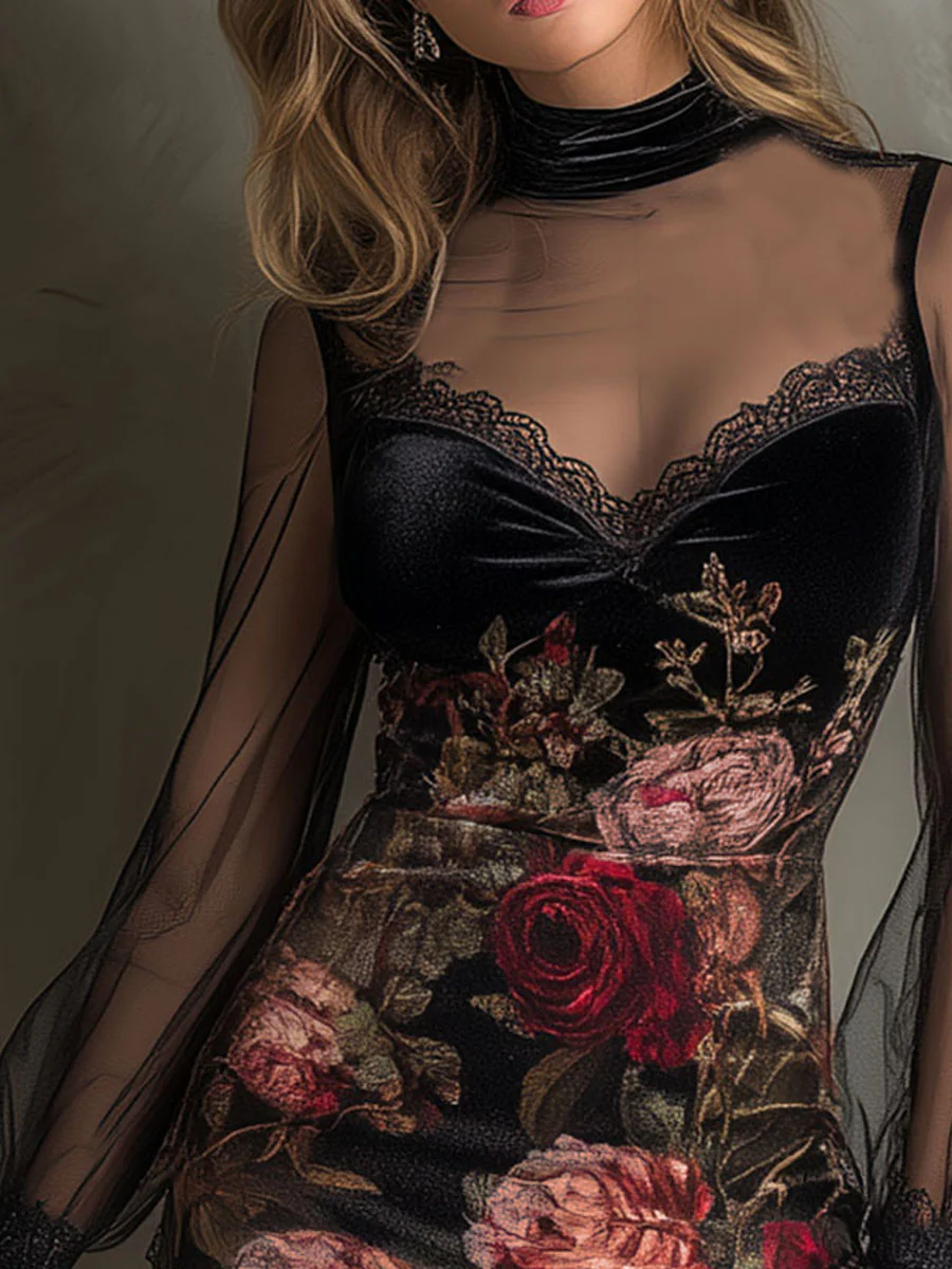 Eglantine | Mini Tulle Dress, Rose Print and Lace