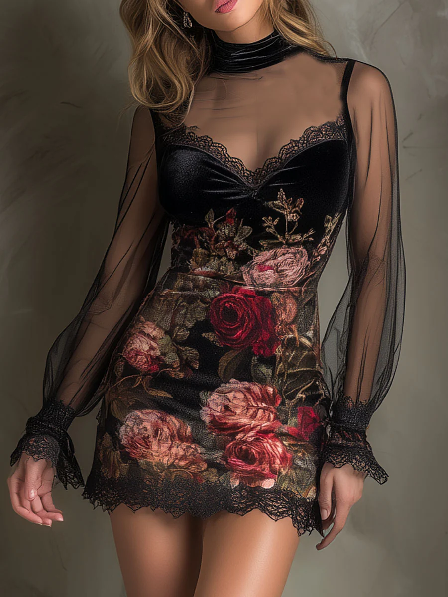 Eglantine | Mini Tulle Dress, Rose Print and Lace