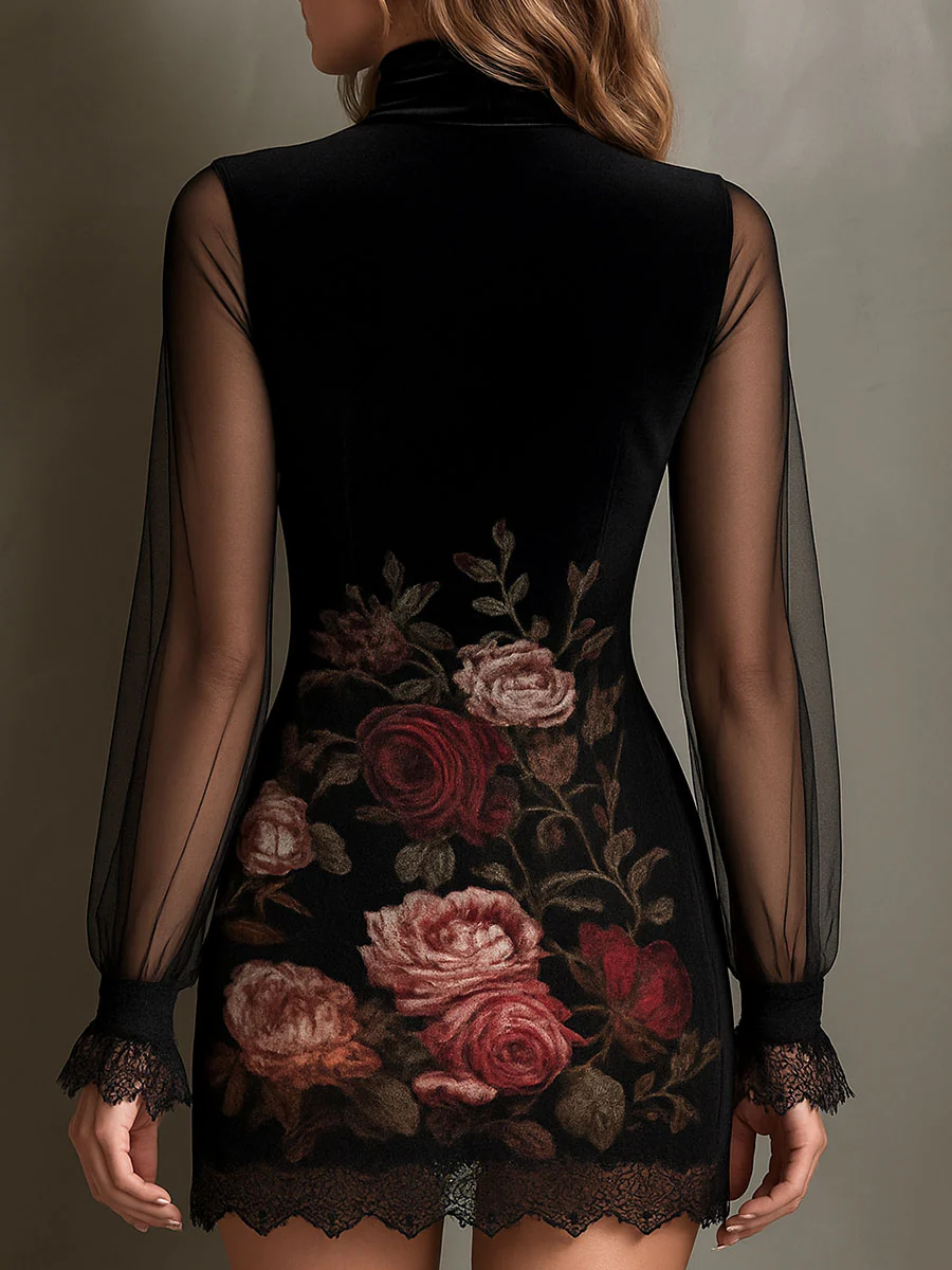 Eglantine | Mini Tulle Dress, Rose Print and Lace