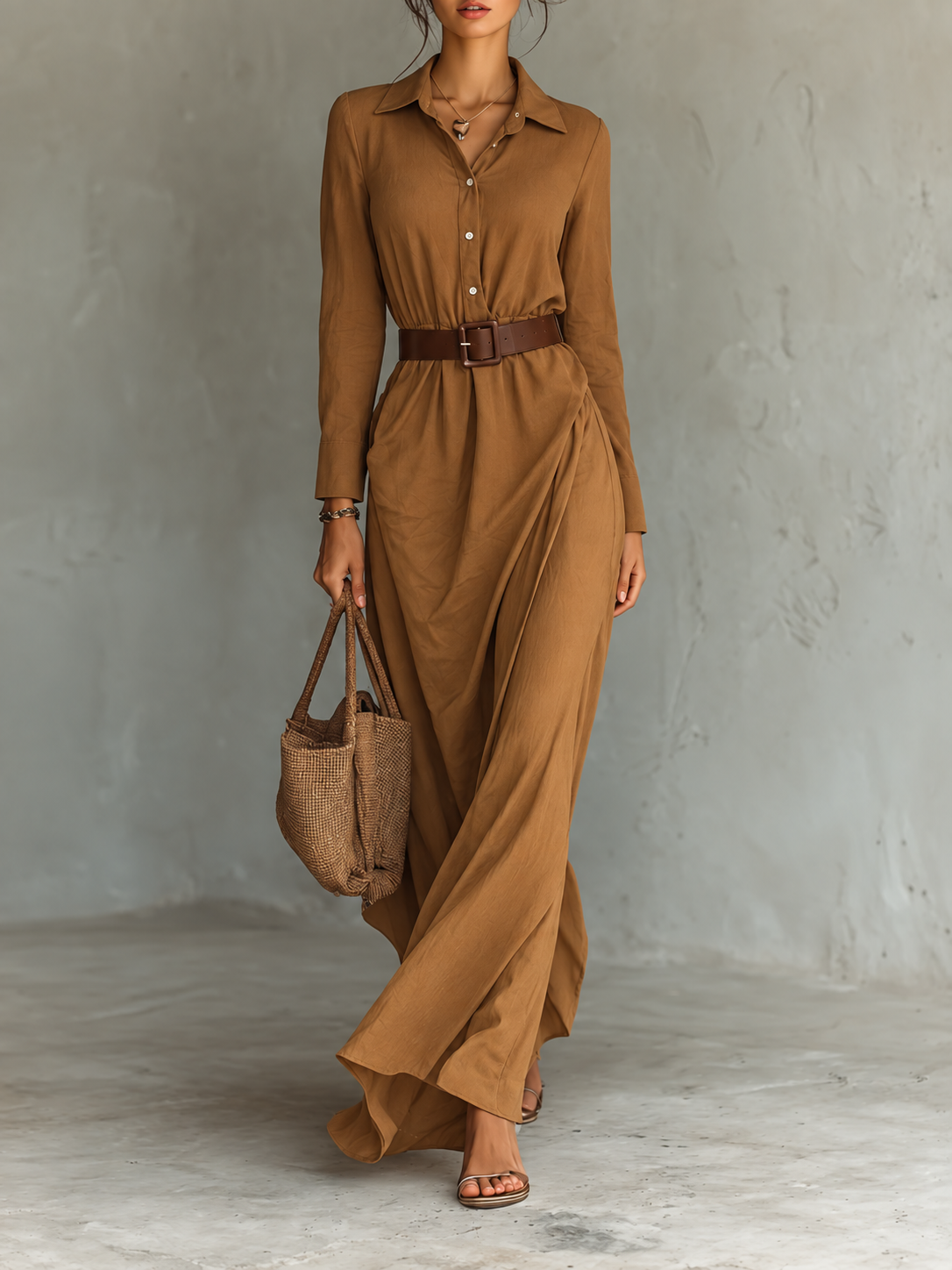 Federica - Long Dress with Lapels and Long Sleeves
