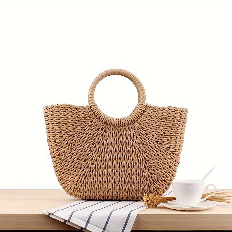 Serenella | Half-Moon Woven Straw Bag in Cognac