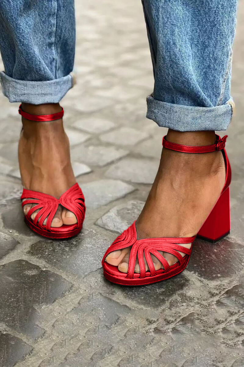 Elegant shiny colour block wide peep toe heels with ankle strap and buckle