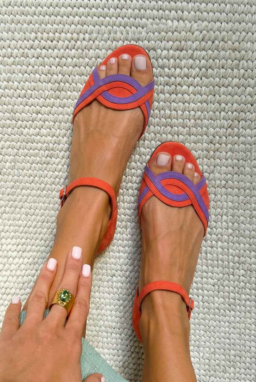 Low Suede Open-Toe Slip-On Sandals with Ankle Strap