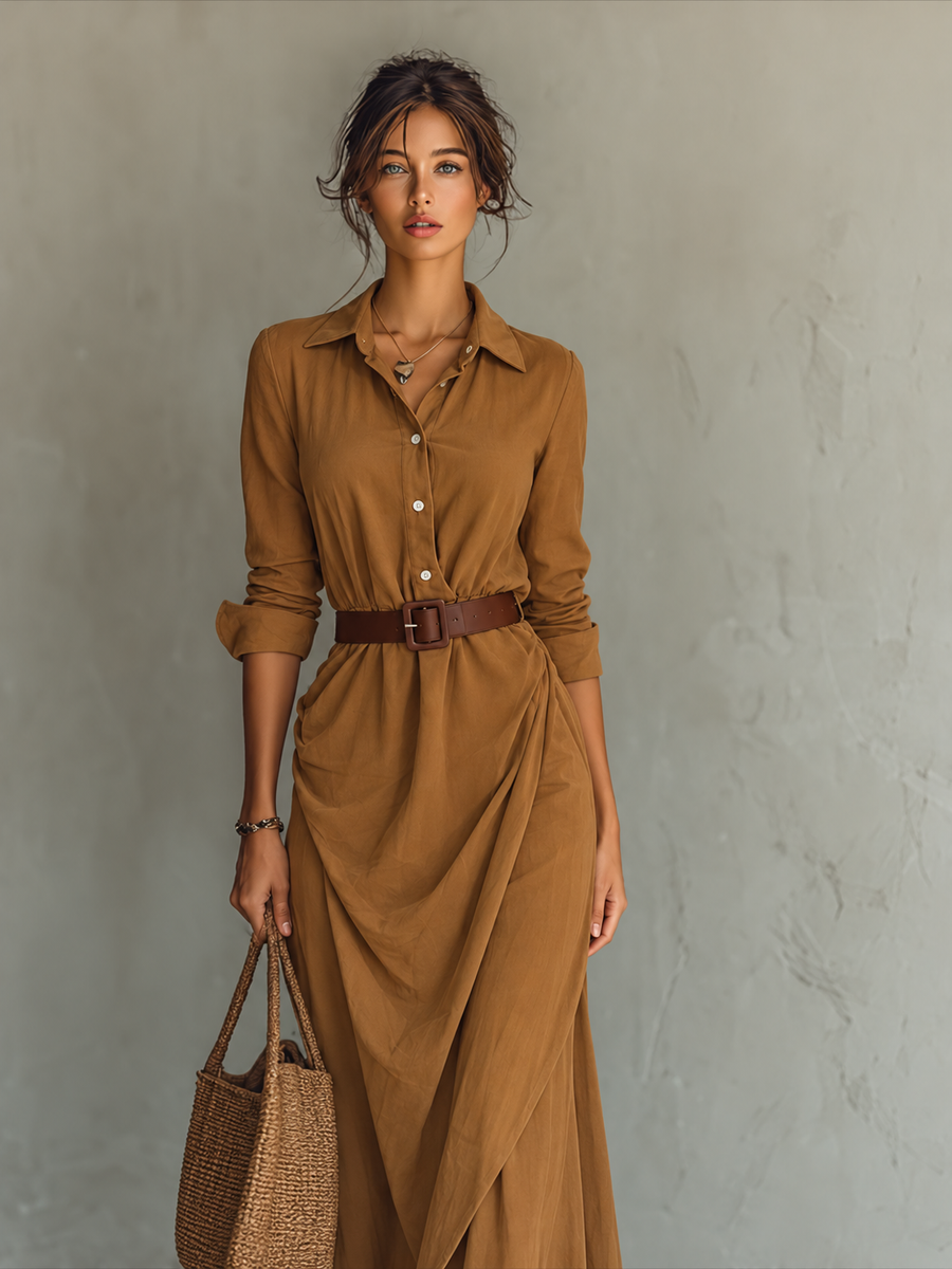 Federica - Long Dress with Lapels and Long Sleeves