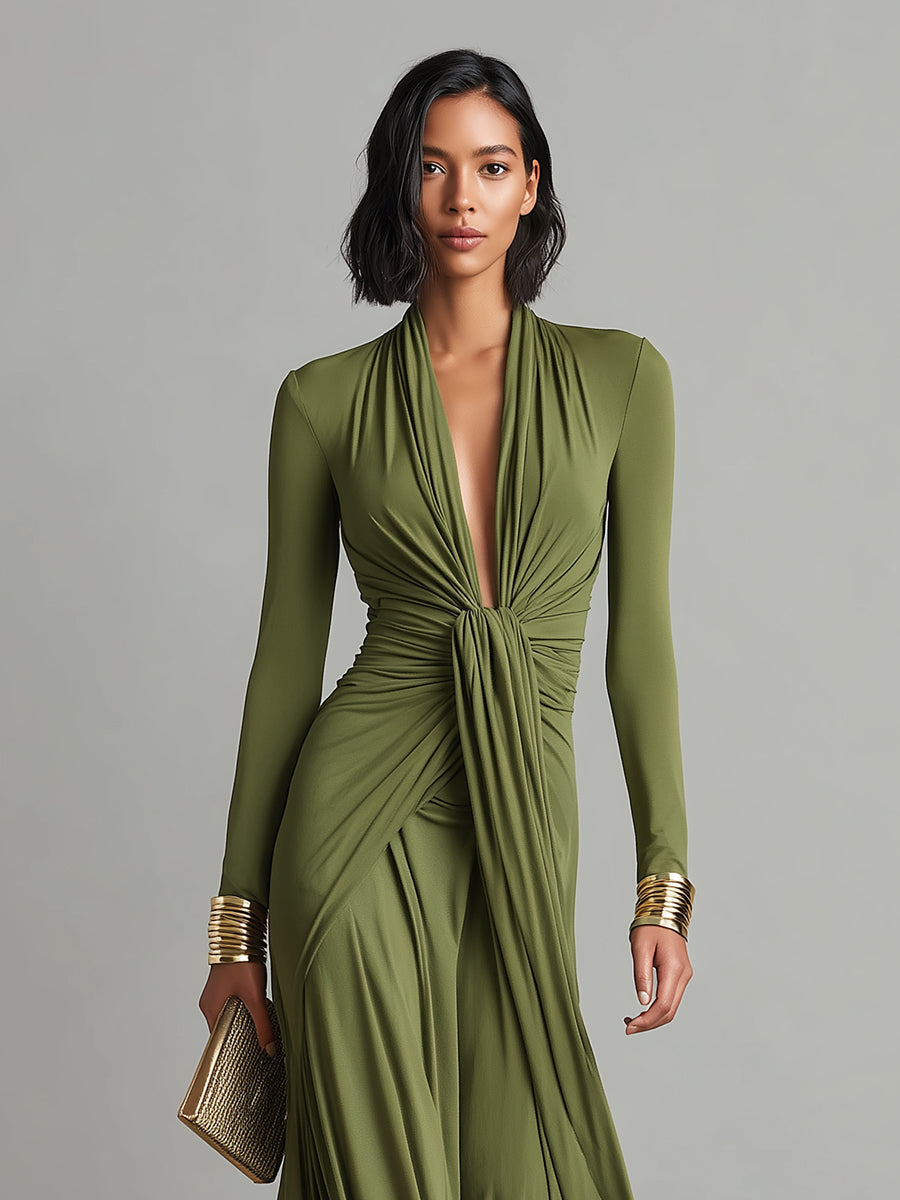 Vittoria - Olive Maxi Dress with Deep V-Neck
