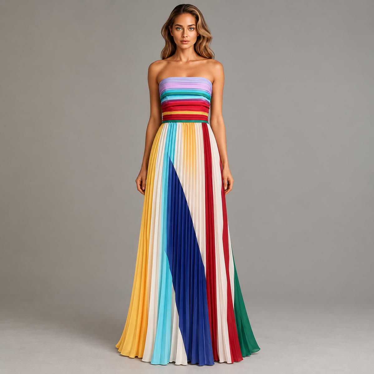 Emma - Colourful Panelled Maxi Dress without Sleeves