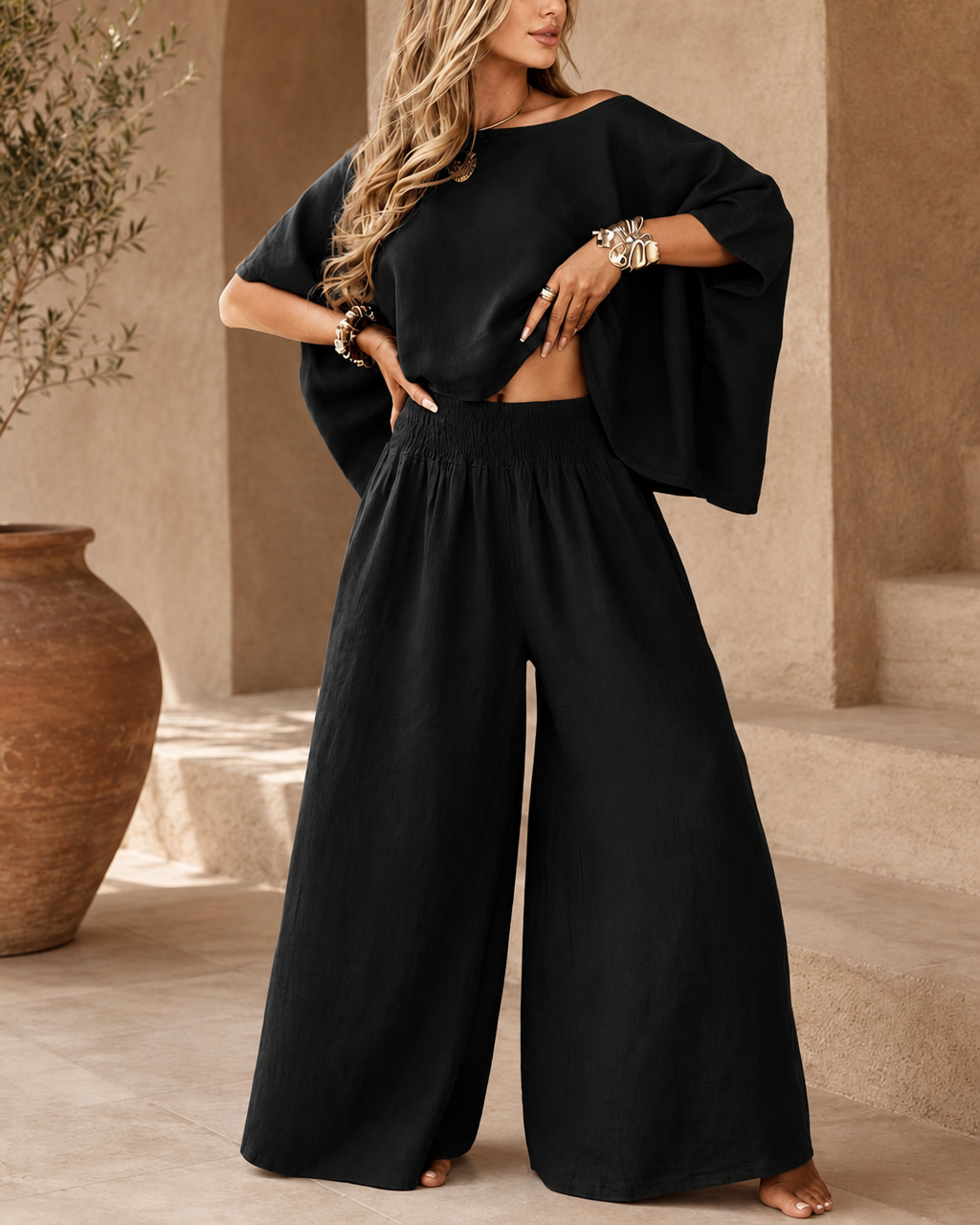 100% Cotton-Linen Relaxed Wide-Leg Set
