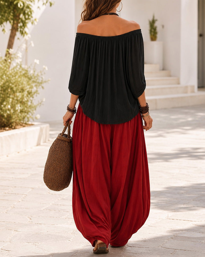 Colourblock Loose Off-Shoulder Top and Lantern Pants Set