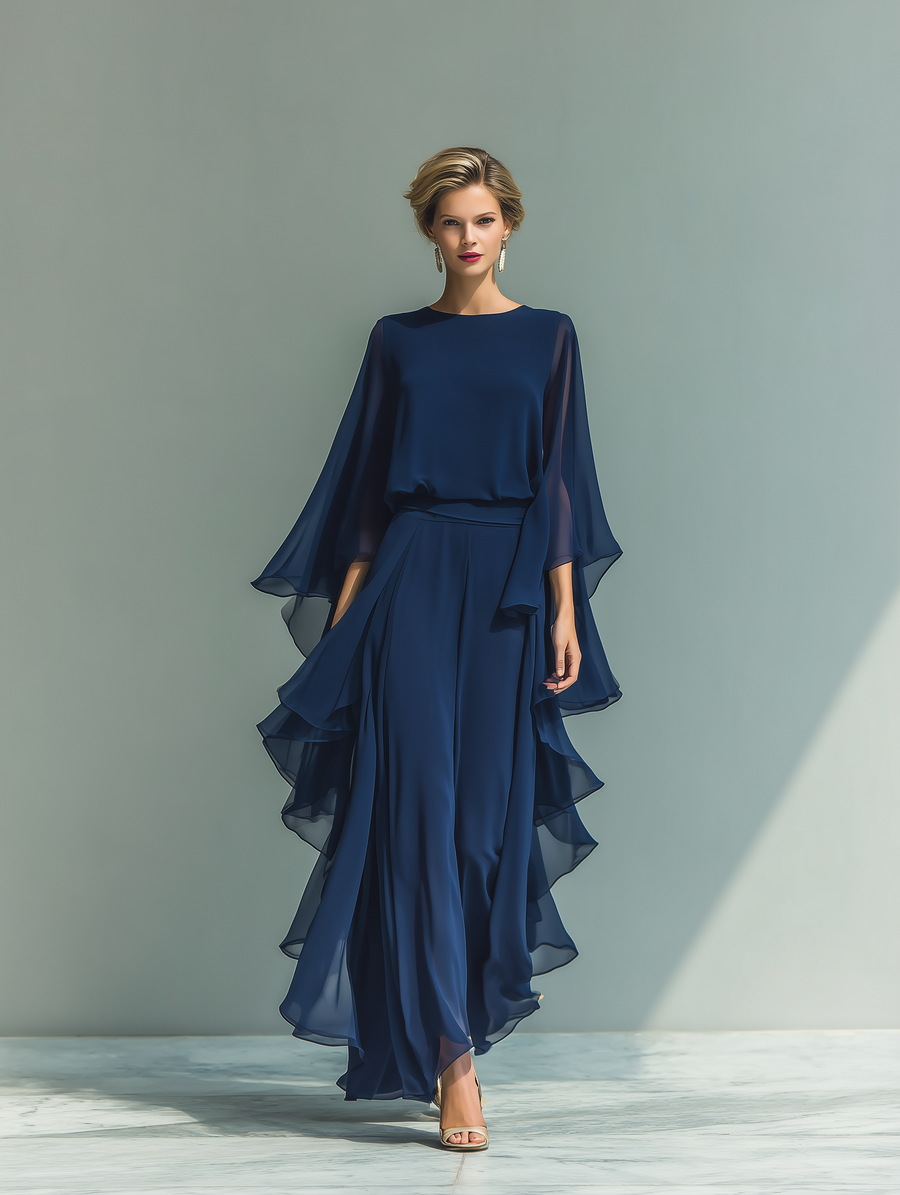 Margherita - Navy Blue Chiffon Set with Bell Sleeves and Ruffles