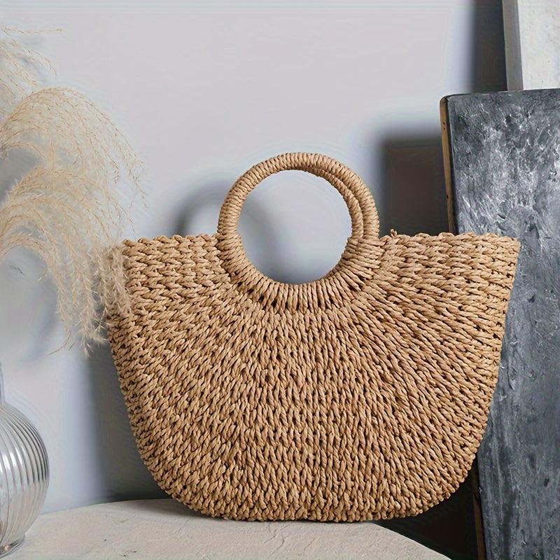 Serenella | Half-Moon Woven Straw Bag in Cognac