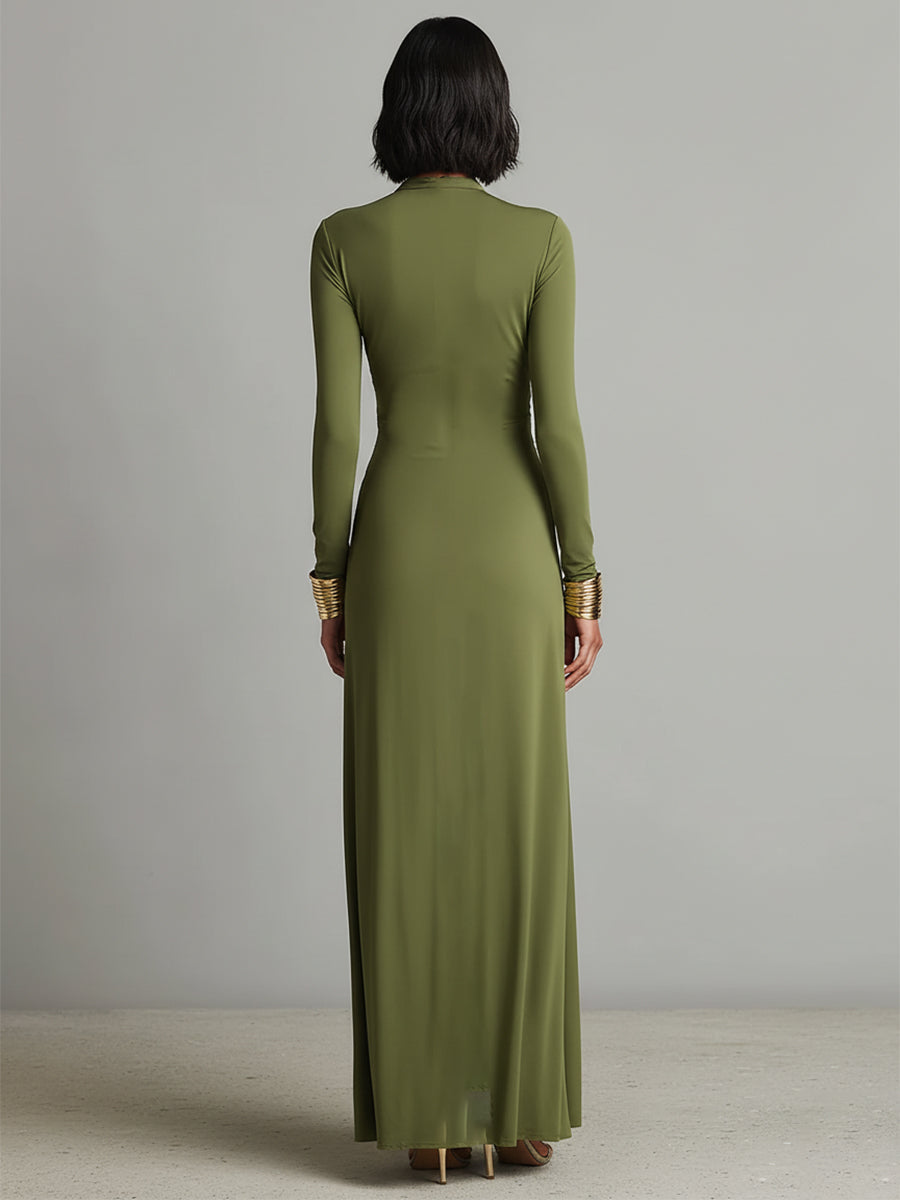 Vittoria - Olive Maxi Dress with Deep V-Neck
