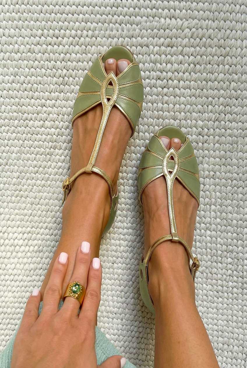 Block heel cut-out peep toe with T strap