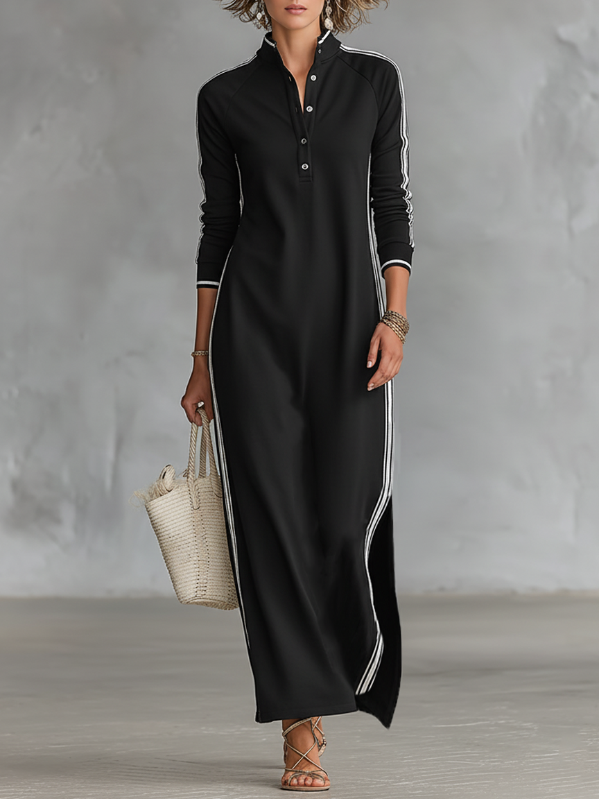 Elena - Maxi Dress in Sweatshirt Fabric with Buttoned Collar