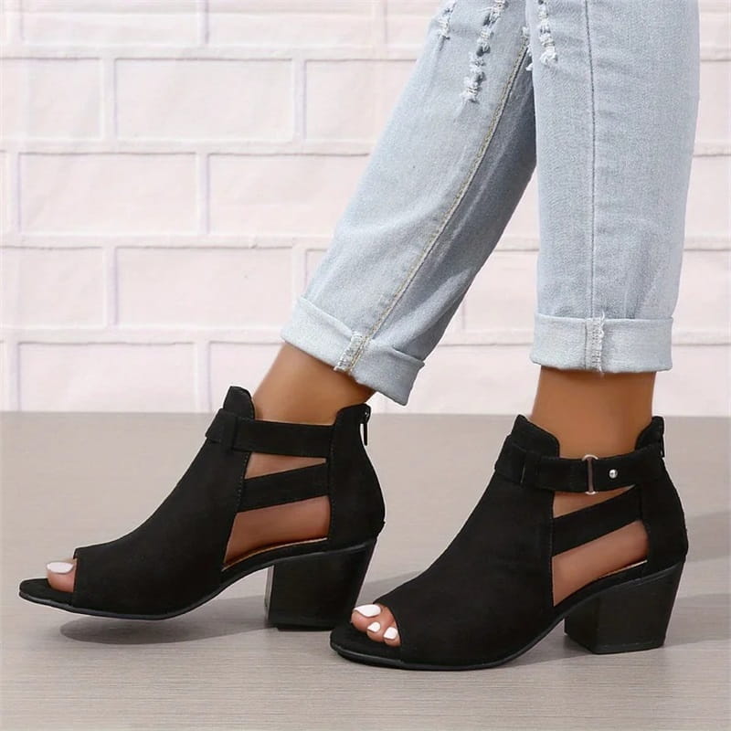 Women's Peep Toe Ankle Boots with Cut-Outs and Block Heel