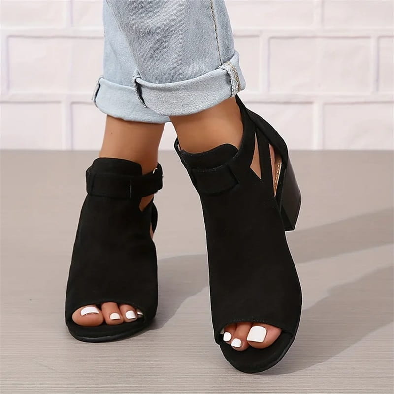 Women's Peep Toe Ankle Boots with Cut-Outs and Block Heel