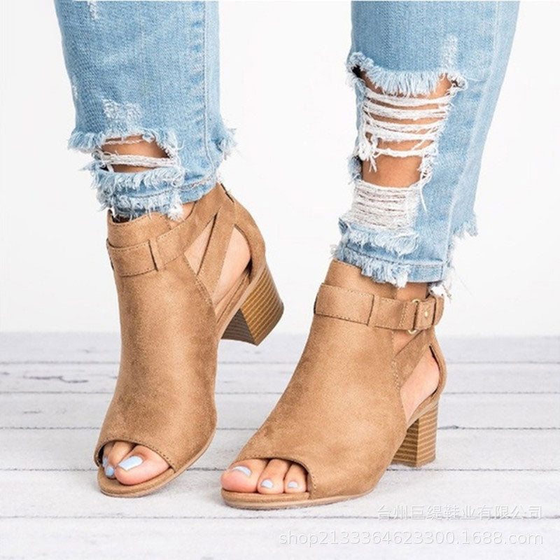 Women's Peep Toe Ankle Boots with Cut-Outs and Block Heel