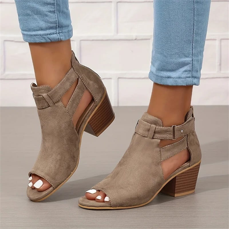 Women's Peep Toe Ankle Boots with Cut-Outs and Block Heel