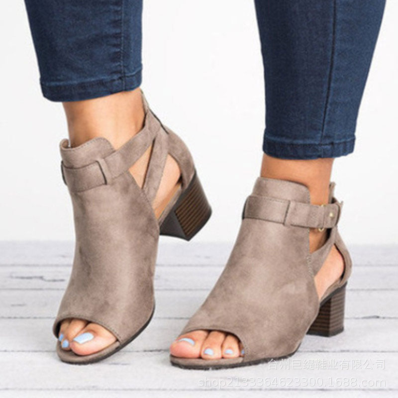Women's Peep Toe Ankle Boots with Cut-Outs and Block Heel