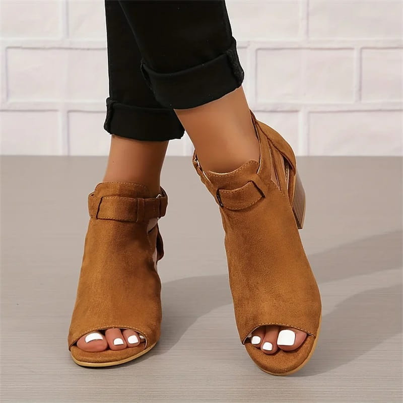 Women's Peep Toe Ankle Boots with Cut-Outs and Block Heel