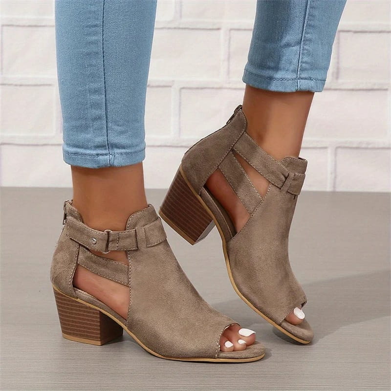 Women's Peep Toe Ankle Boots with Cut-Outs and Block Heel