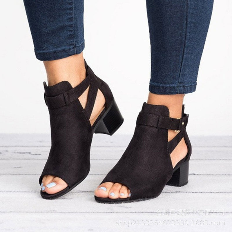 Women's Peep Toe Ankle Boots with Cut-Outs and Block Heel