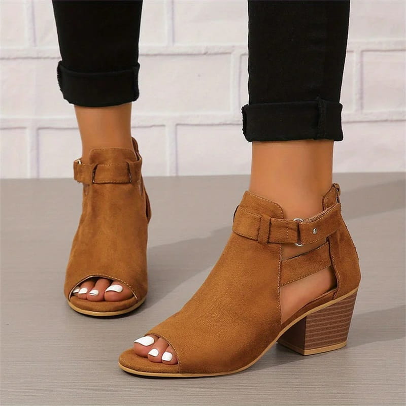 Women's Peep Toe Ankle Boots with Cut-Outs and Block Heel