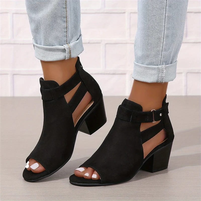 Women's Peep Toe Ankle Boots with Cut-Outs and Block Heel
