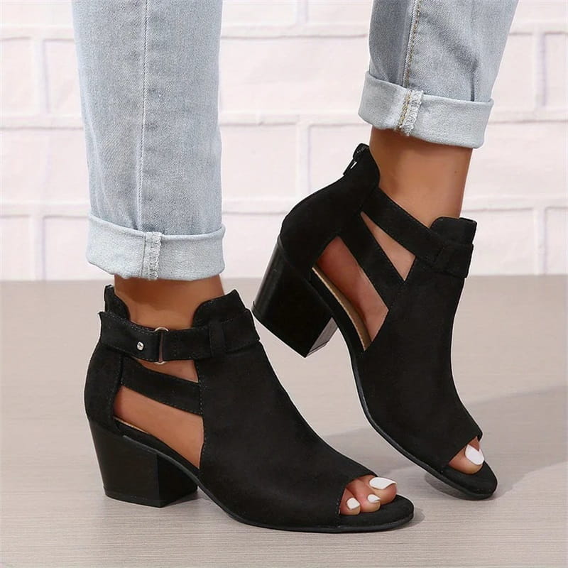 Women's Peep Toe Ankle Boots with Cut-Outs and Block Heel