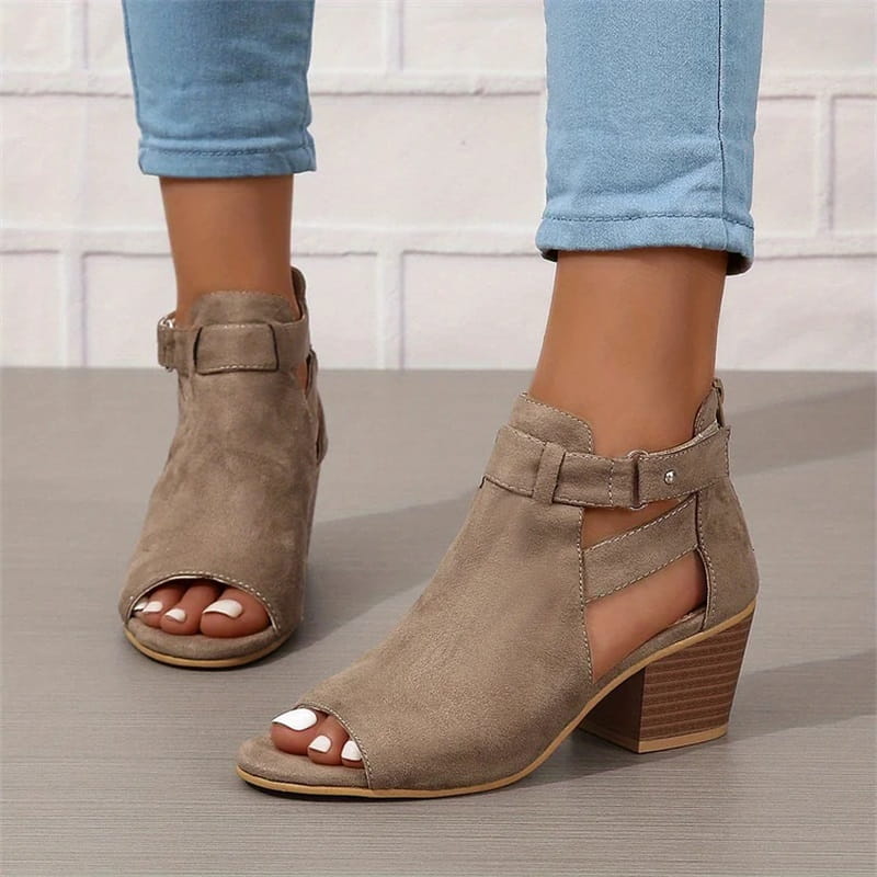 Women's Peep Toe Ankle Boots with Cut-Outs and Block Heel