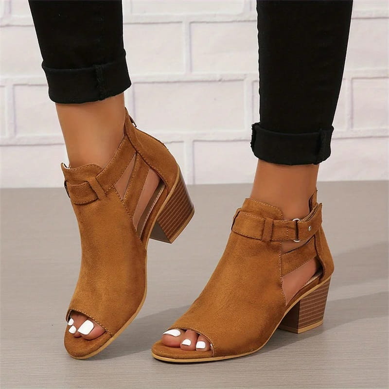 Women's Peep Toe Ankle Boots with Cut-Outs and Block Heel