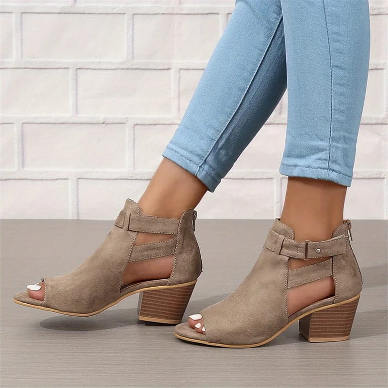 Women's Peep Toe Ankle Boots with Cut-Outs and Block Heel