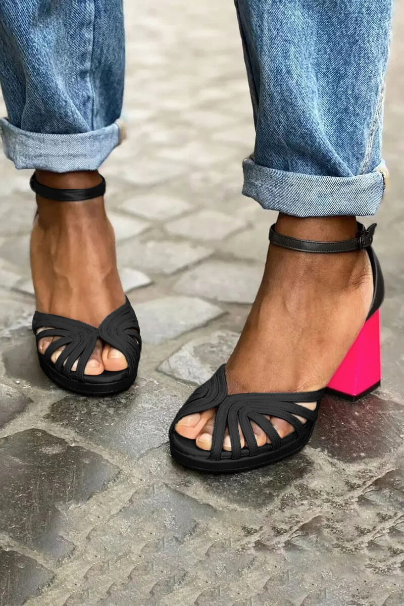 Elegant wide peep toe colour block heels with ankle strap and buckle