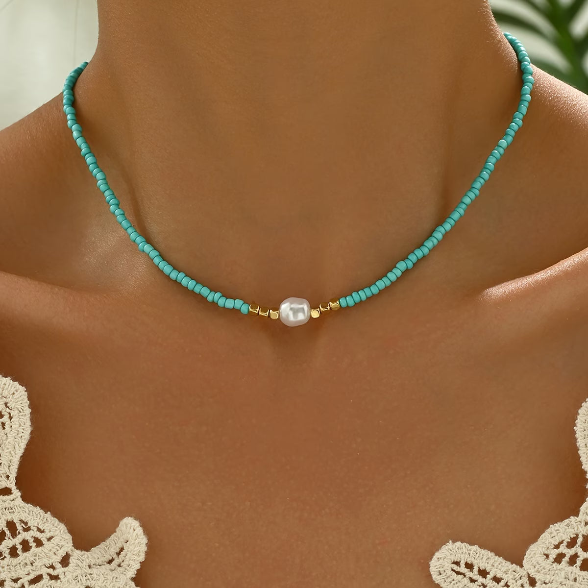 Minimalist Necklace with Turquoise and Pearls
