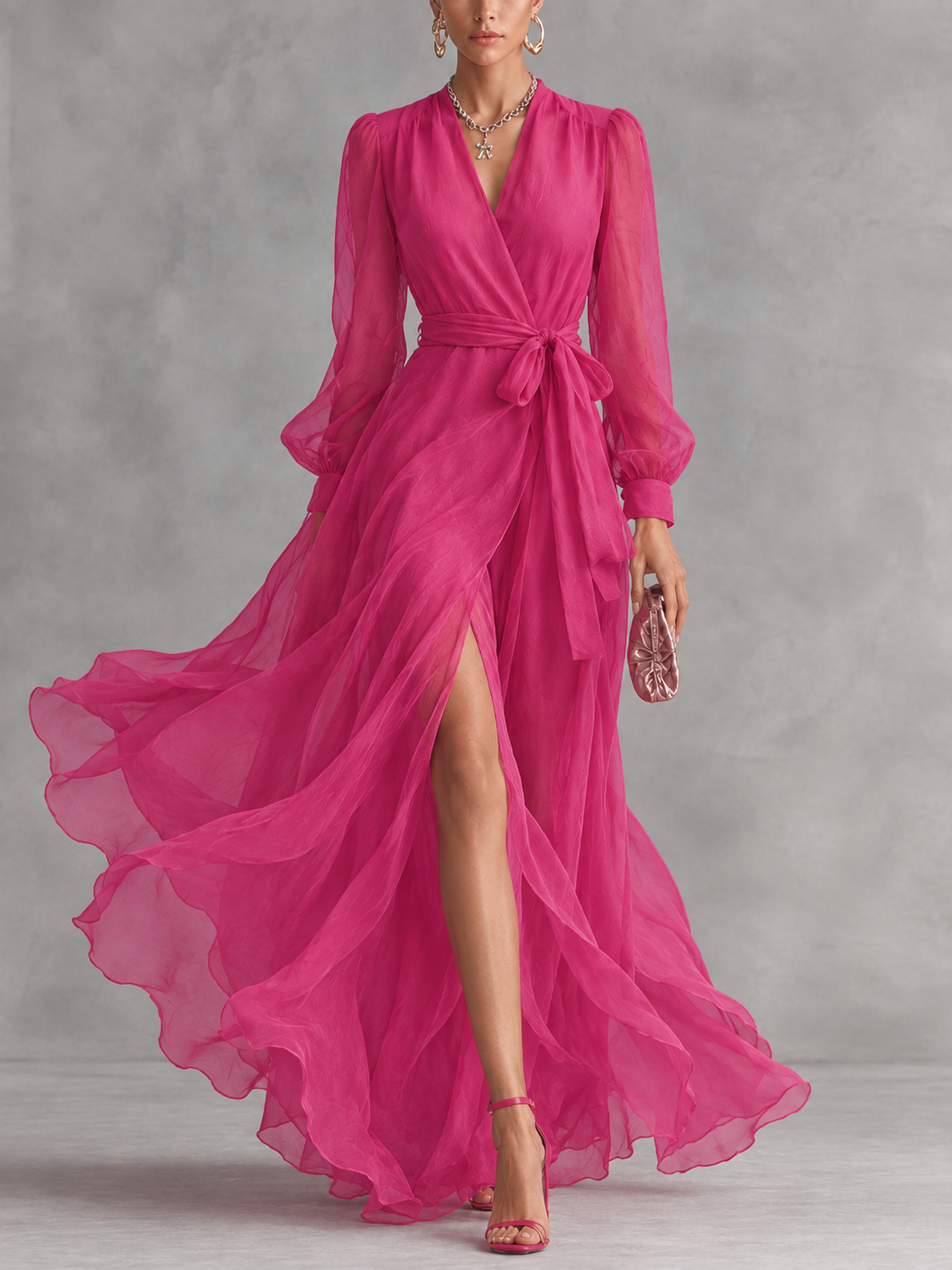 Noemi - Long Chiffon Dress with Beads and V-Neck
