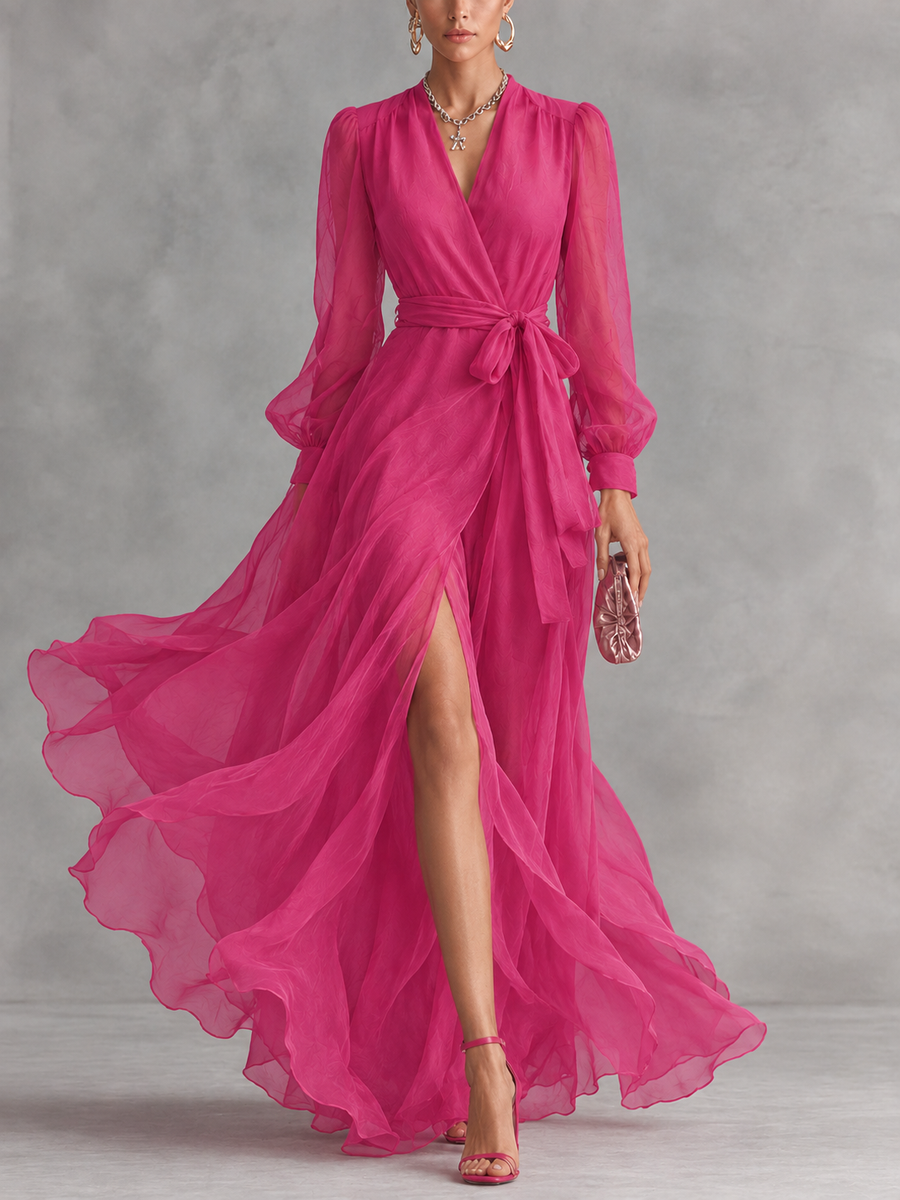 Noemi - Long Chiffon Dress with Beads and V-Neck