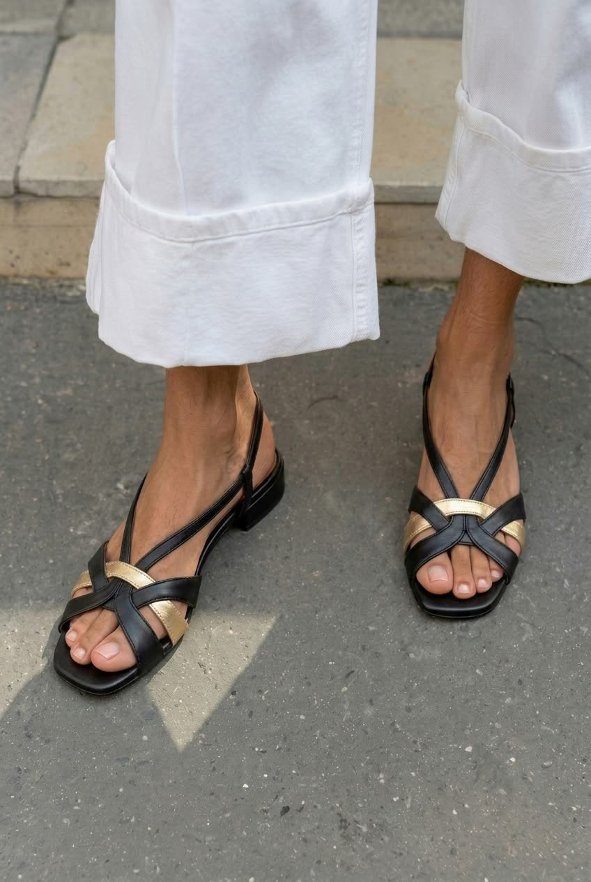 Square-toe slingback sandals with crossed straps and low heel