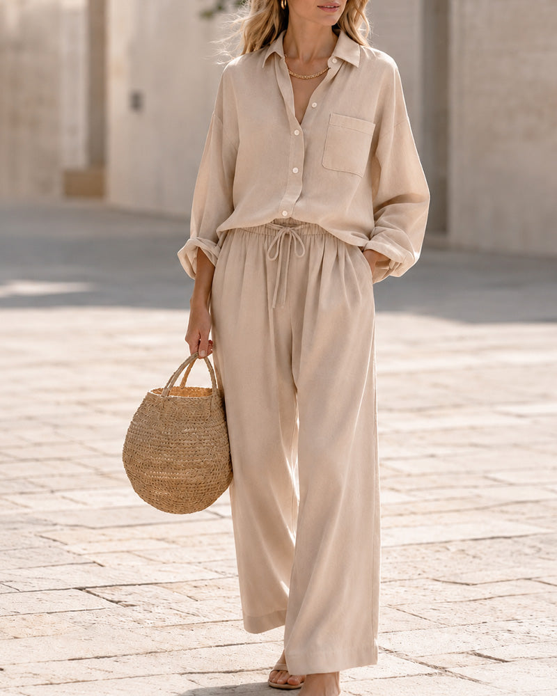 Casual Loose Long Sleeve Shirt and Wide-leg Pants Set